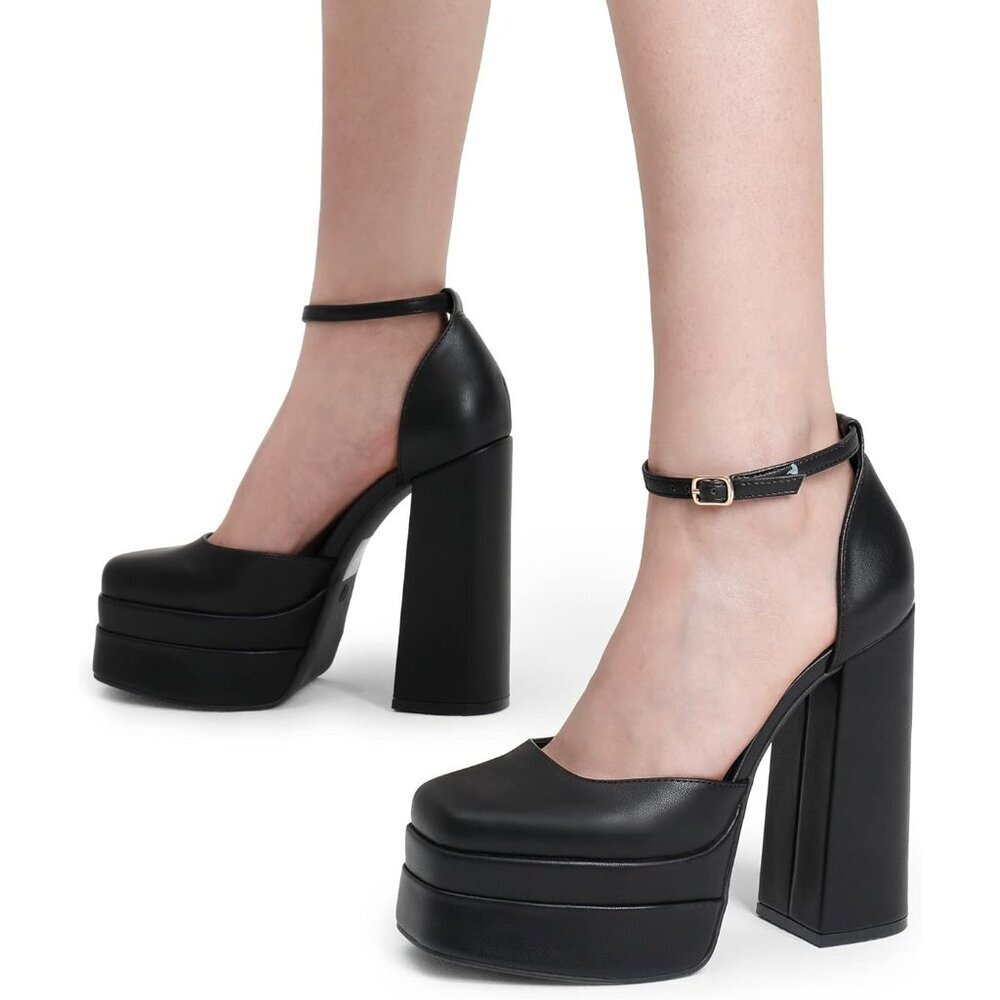 Dream Pairs Womens Black Faux Leather Closed Toe Chunky High Heels Platform - Picture 8 of 9
